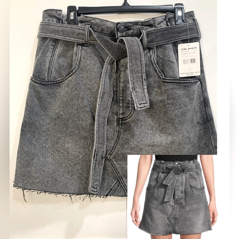 Free People We The Free Black East Of Eden Paperbag Mini Denim Skirt Size 25,26